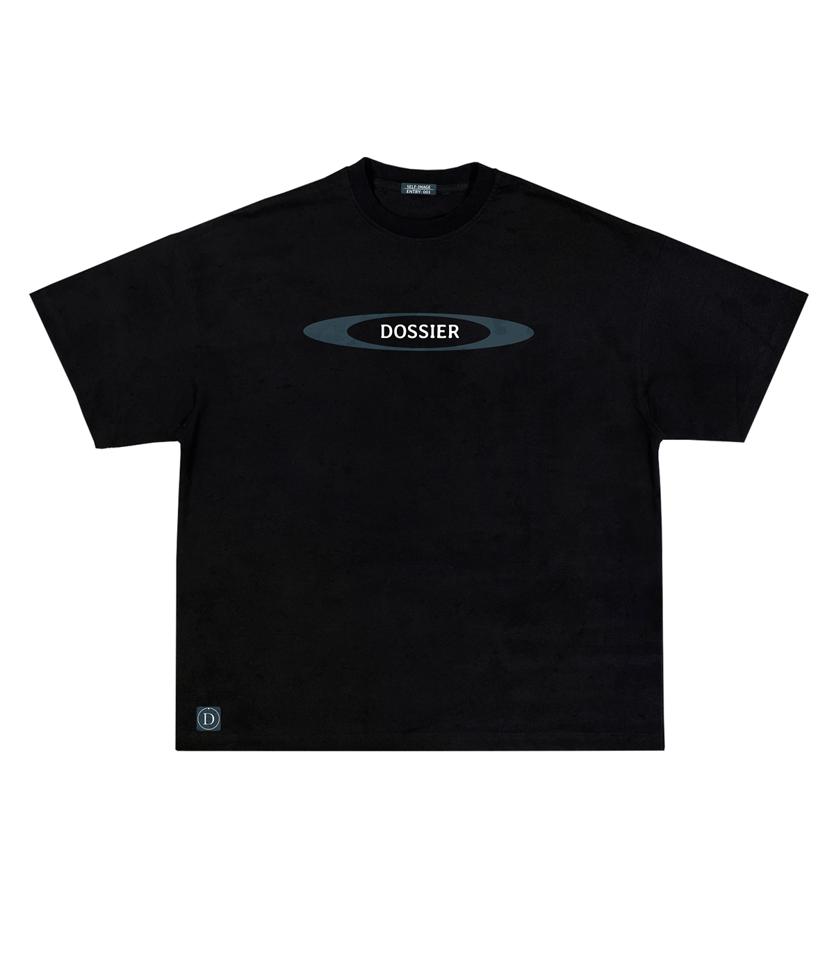 Black Dossier Standard Tee with oval logo and minimalist front design. Premium heavyweight cotton streetwear t-shirt.