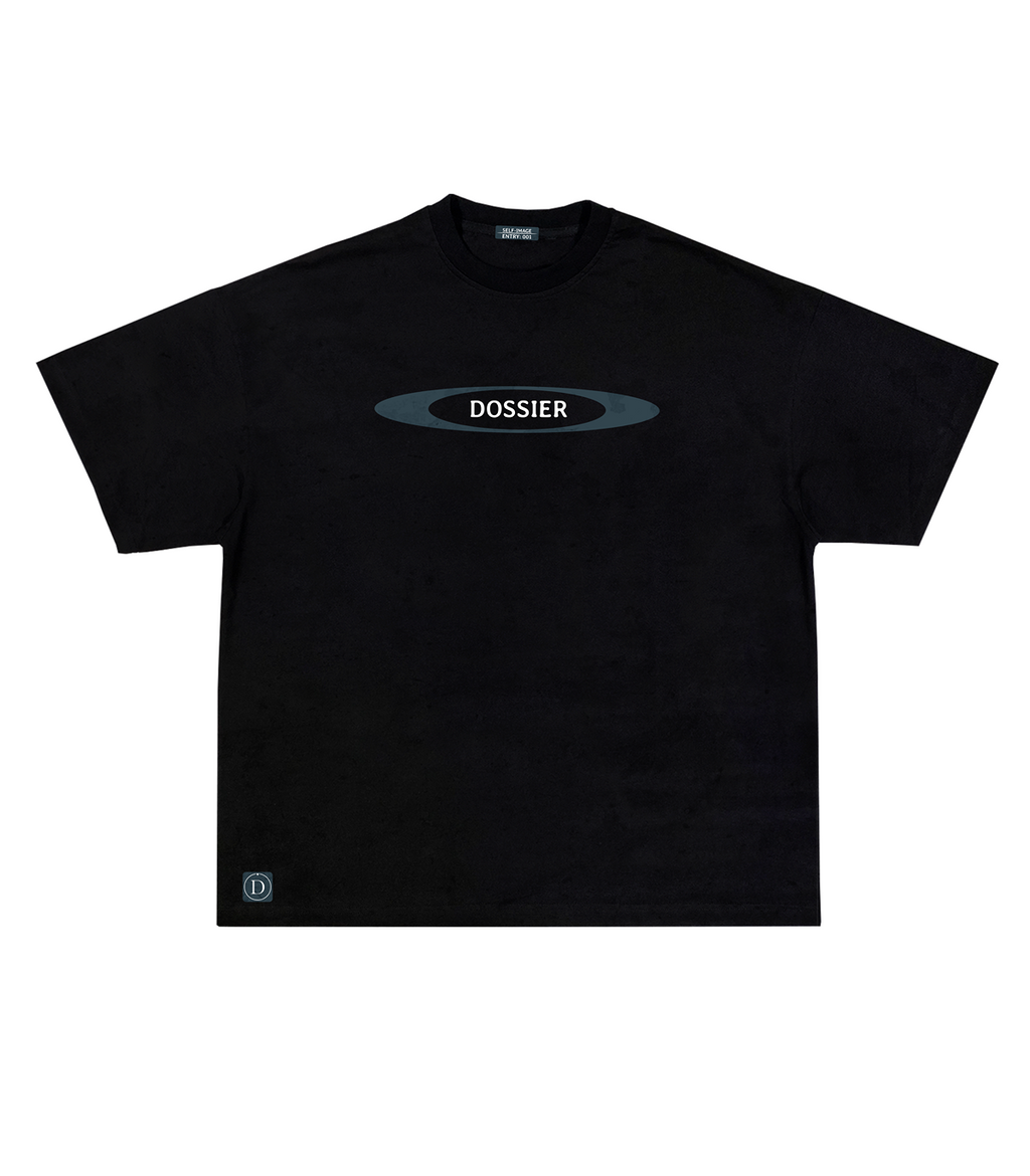 Black Dossier Standard Tee with oval logo and minimalist front design. Premium heavyweight cotton streetwear t-shirt.