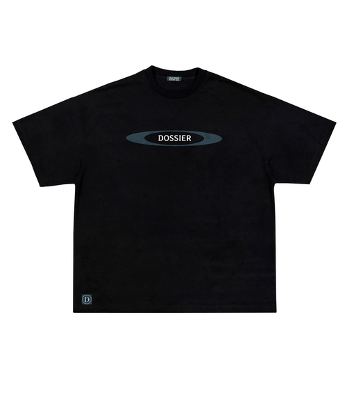 Black Dossier Standard Tee with oval logo and minimalist front design. Premium heavyweight cotton streetwear t-shirt.