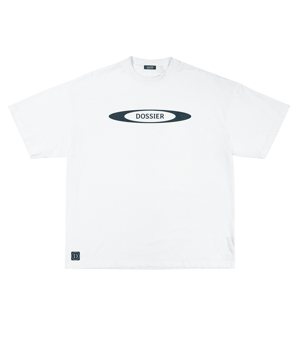 White Dossier Standard Tee with oval logo and minimalist front design. Premium heavyweight cotton streetwear t-shirt.